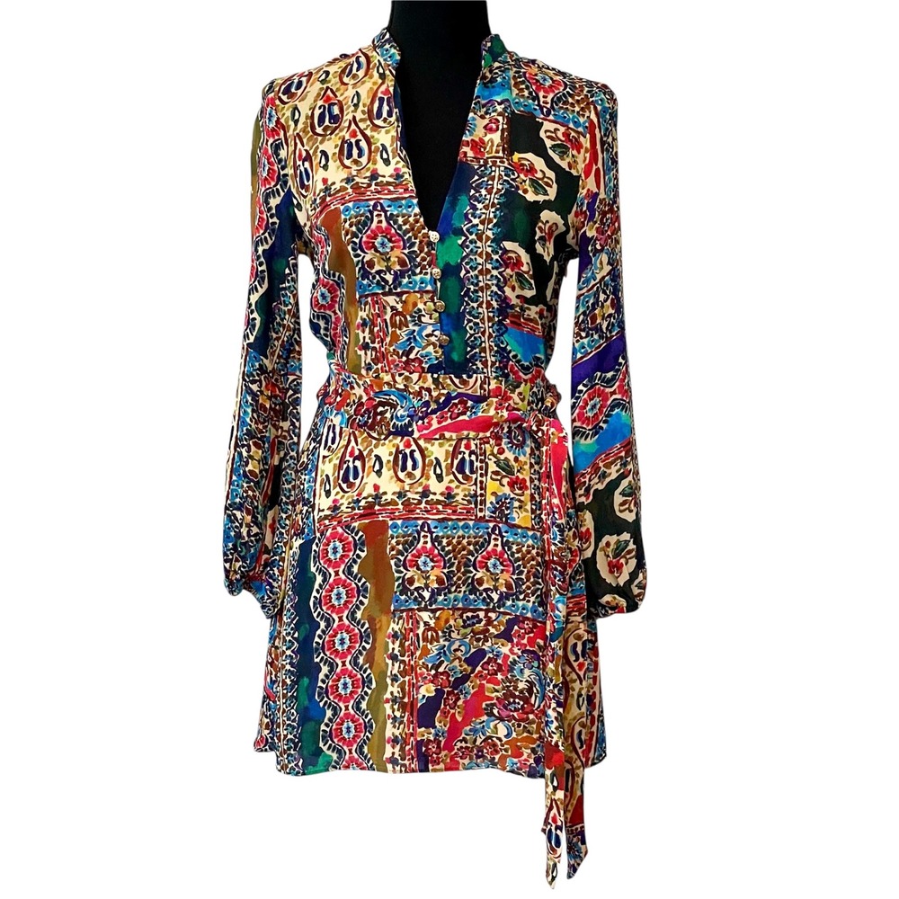 ZARA Size XS Chiffon Fit and Flare Mini Dress Lined Long Sleeves Eclectic Boho